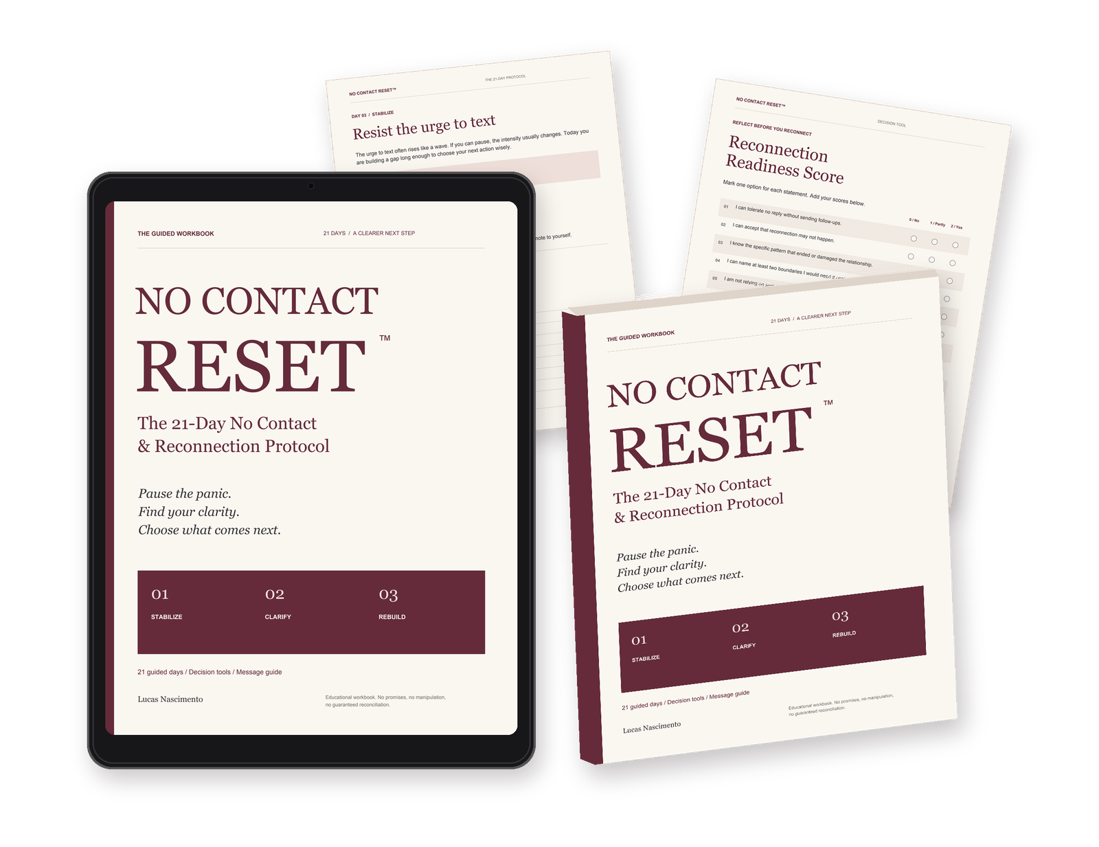 No Contact Reset: tablet and workbook showing the actual cover, with real daily and Reconnection Readiness Score pages